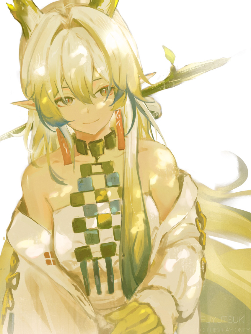 1girl, absurdres, arknights, artist_name, bare_shoulders, blonde_hair, blue_hair, blue_streaks