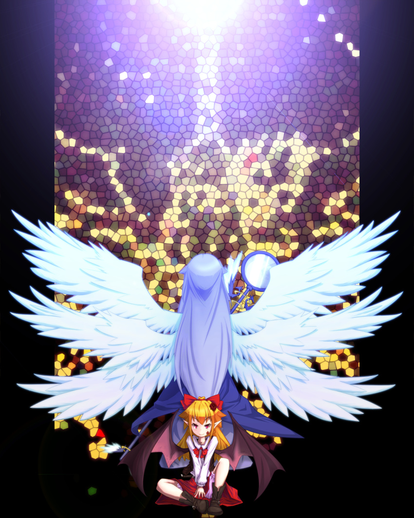angel, angel_wings, bat_wings, blonde_hair, bow, elis_(touhou), flower, hair_bow