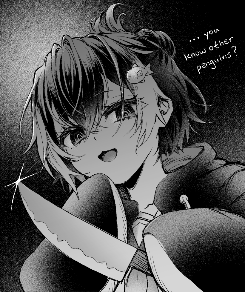 1girl, @_@, crossed_bangs, fish_hair_ornament, folded_ponytail, greyscale, hair_between_eyes, hair_ornament