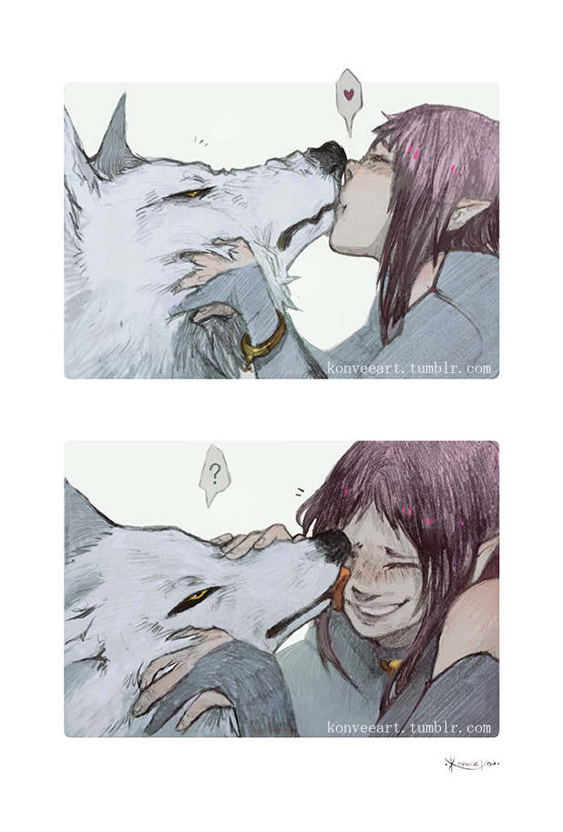 1girl, ?, animal, cheza, grin, kiba, kiss, kissing_animal