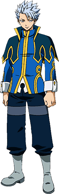 bluish_silver_hair, boots, dark_navy_pants, dark_pupils, fairy_tail, gold_trim, grey_boots, light_smile, lyon_bastia, navy_blue_shirt, non-web_source, small_linear_dark_eyebrows, young_man