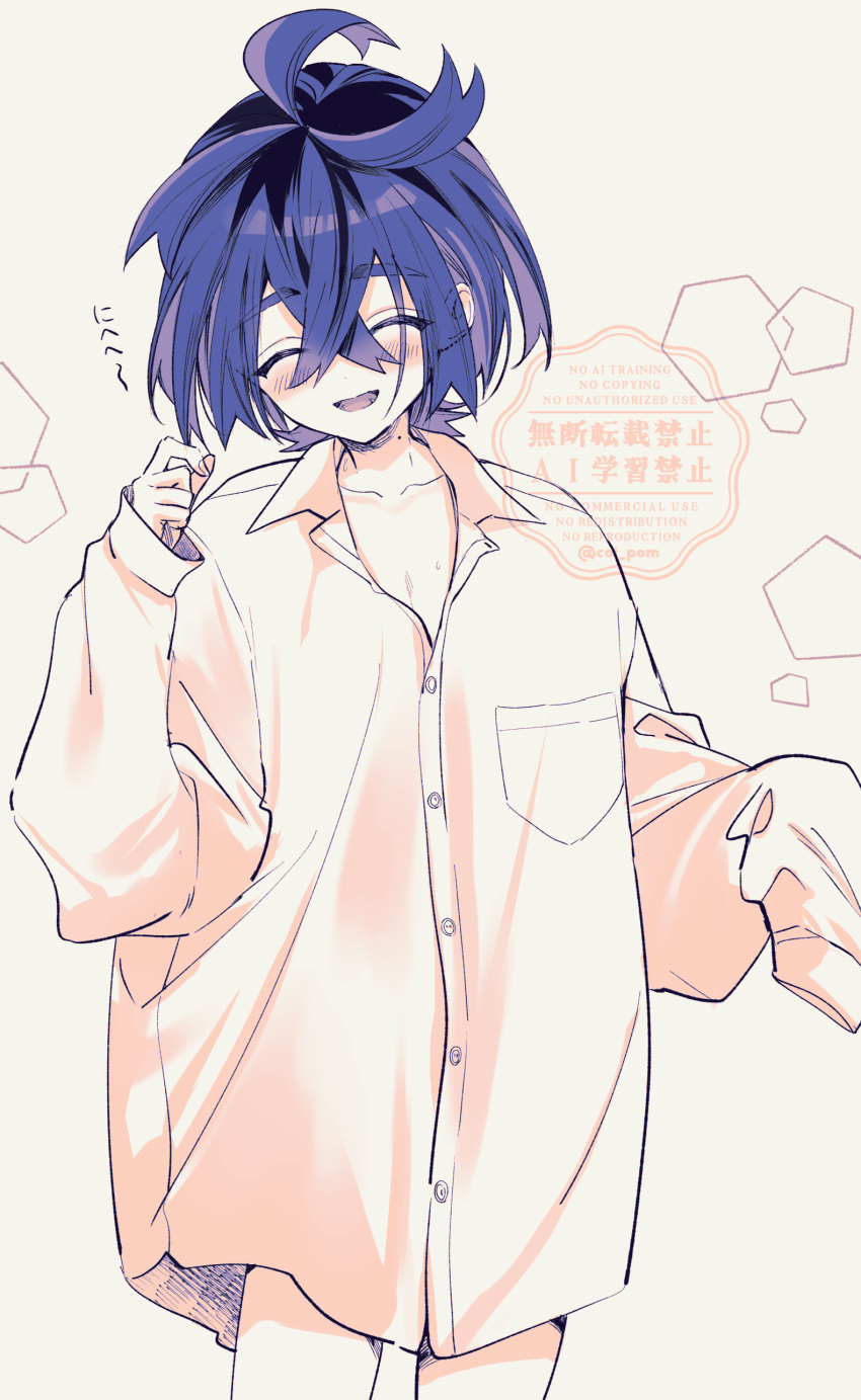 1boy, absurdres, alternate_costume, black_hair, blush, closed_eyes, coi_pom, collared_shirt
