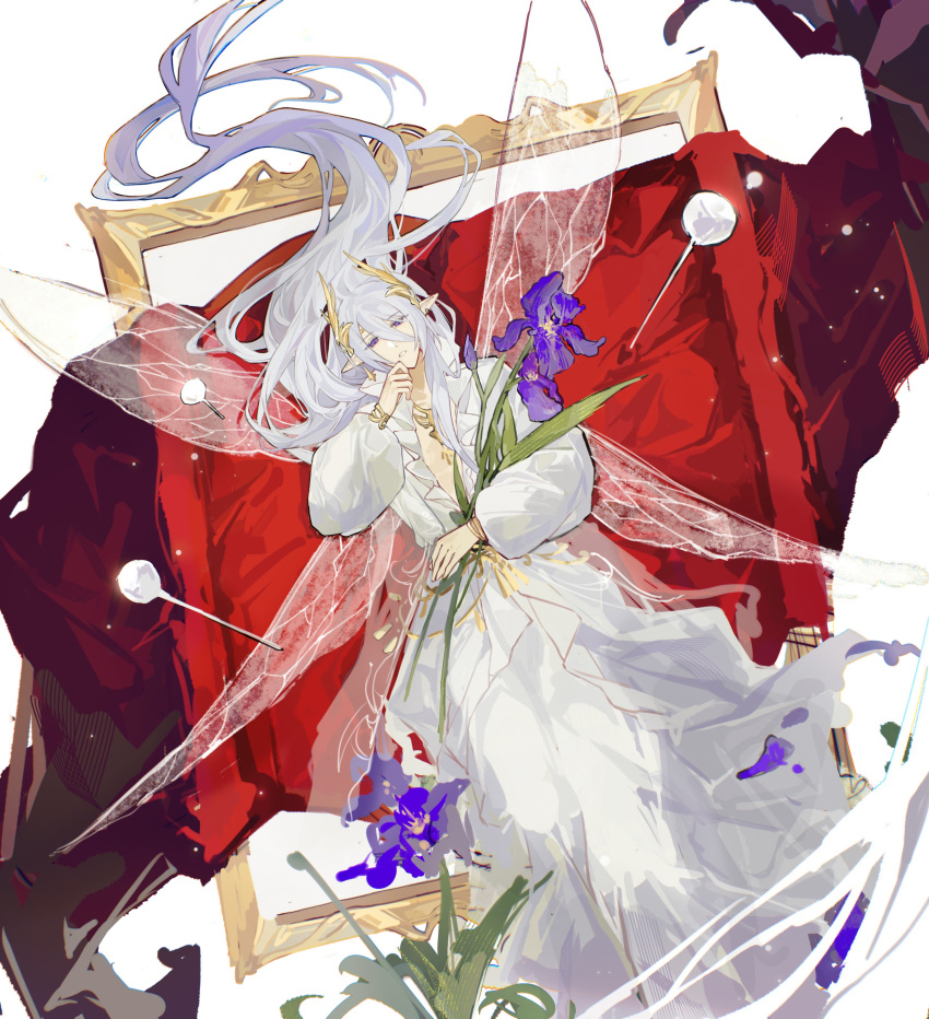 1boy, absurdres, cael_anselm, cael_anselm_(midnight_epilogue), chinese_commentary, empty_picture_frame, fabric, fairy