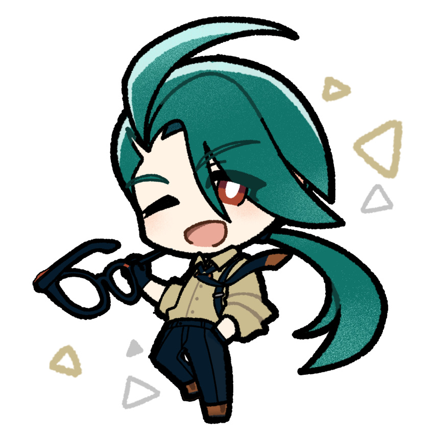 1girl, ahoge, black-framed_eyewear, black_gloves, black_necktie, black_pants, bright_pupils, brown_eyes, brown_shirt, brown_shoes, chibi, chibi_only, collared_shirt, commentary_request, eyelashes, full_body, glasses, gloves, green_hair, hand_in_pocket, highres, holding, holding_removed_eyewear, long_hair, mizutora_zamasu, necktie, one_eye_closed, open_mouth, pants, pokemon, pokemon_sv, ponytail, rika_(pokemon), shirt, shoes, simple_background, smile, solo, suspenders, triangle, unworn_eyewear, white_background, white_pupils
