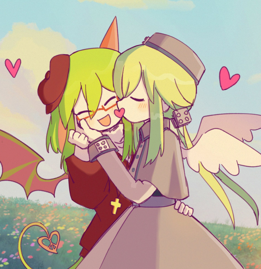 2girls, angel_wings, beret, blonde_hair, closed_eyes, clouds, cross, cross_necklace, demon_girl, demon_tail, demon_wings, feathered_wings, field, flower, froze_(funamusea), funamusea, glasses, green_hair, haiiro_teien, hat, heart, heart_tail, highres, horns, hug, jewelry, kiss, kissing_cheek, multiple_girls, necklace, pipiikki, red-framed_eyewear, single_horn, sky, smile, tail, wings, yosafire_(funamusea), yuri