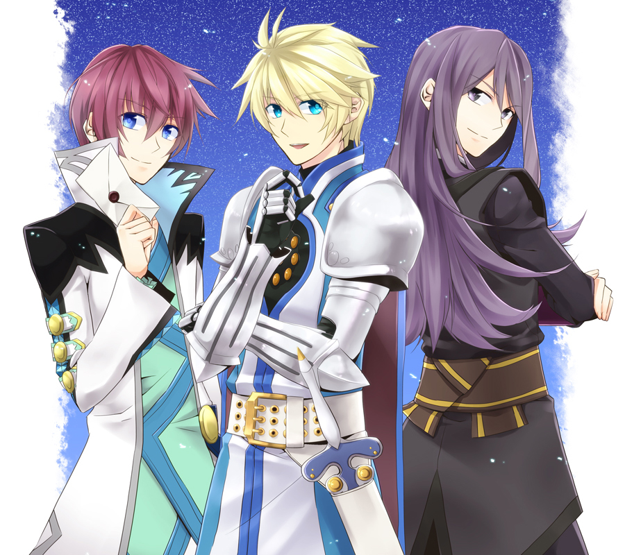armor, asbel_lhant, black_eyes, black_hair, blonde_hair, blue_eyes, brown_hair, flynn_scifo
