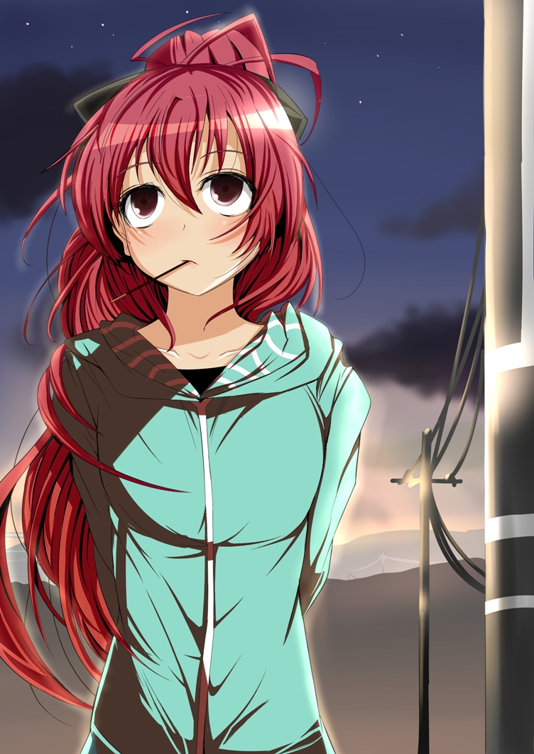 cloud, clouds, hair_ribbon, hoodie, isogai_yuuji, long_hair, mahou_shoujo_madoka_magica, mountain
