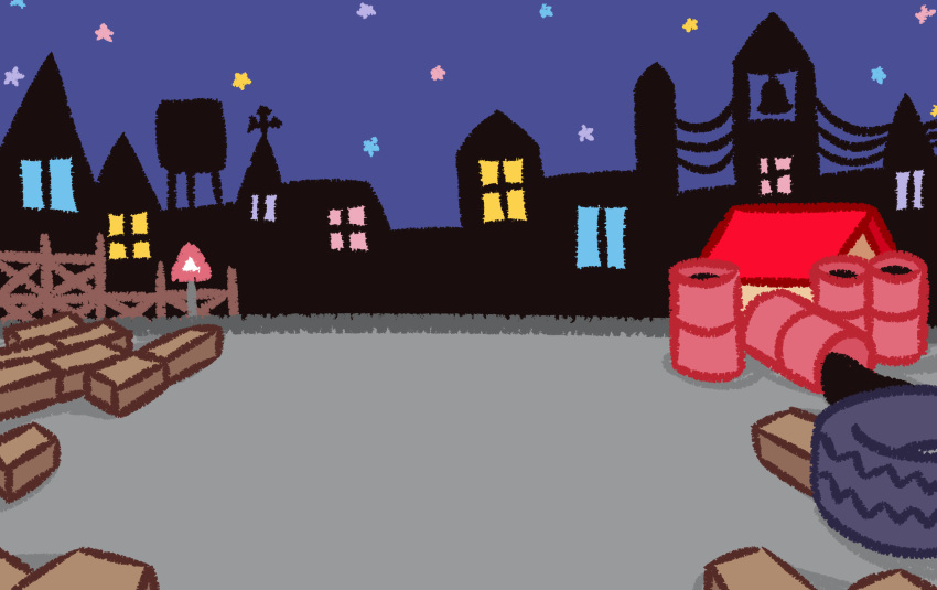 absurdres, building, commentary, drum_(container), english_commentary, highres, katsumuri, night
