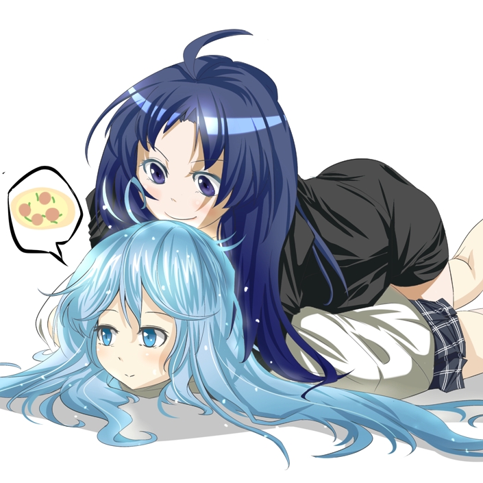 age_difference, ahoge, bare_legs, blue_eyes, blue_hair, business_suit, closed_eyes, denpa_onna_to_seishun_otoko, eyes_closed, food, isogai_yuuji, long_hair, lying, miniskirt, mother_and_daughter, multiple_girls, no_legwear, on_stomach, pizza, plaid, plaid_skirt, pleated_skirt, skirt, smile, speech_bubble, spoken_food, spoken_pizza, tartan, touwa_erio, touwa_meme