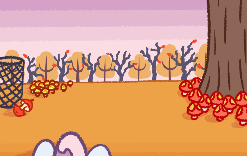 absurdres, apple, apple_core, autumn, autumn_leaves, balm_mushroom, commentary, english_commentary, falling_leaves, food, fruit, highres, katsumuri, leaf, mushroom, no_humans, outdoors, pokemon, pokemon_(creature), scenery, tiny_mushroom_(pokemon), trash_can, tree
