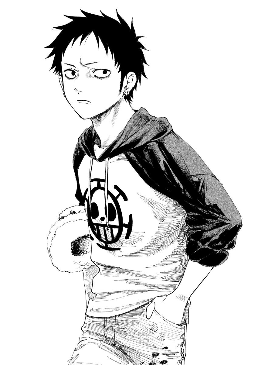 1boy, 53_(kanimisomrmr), closed_mouth, frown, greyscale, hands_in_pockets, hat, highres