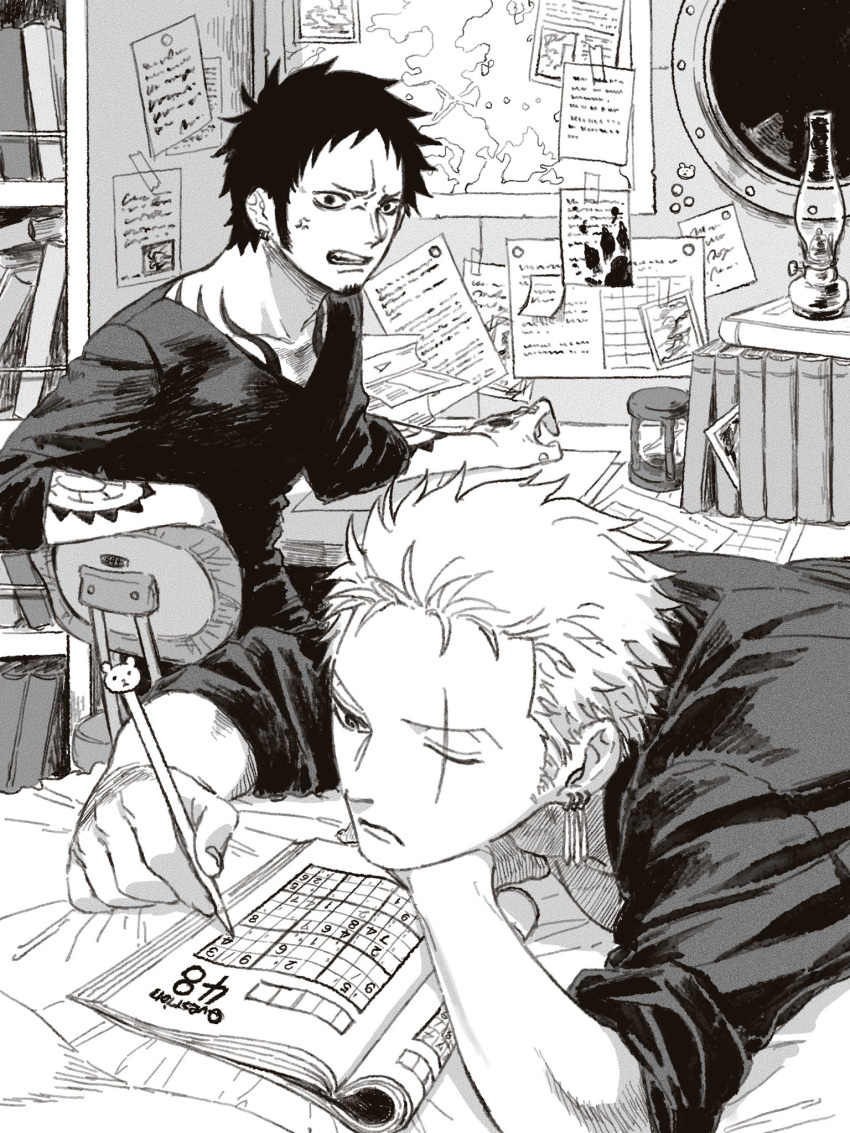 2boys, 53_(kanimisomrmr), angry, book, bookshelf, closed_mouth, commentary_request, earrings