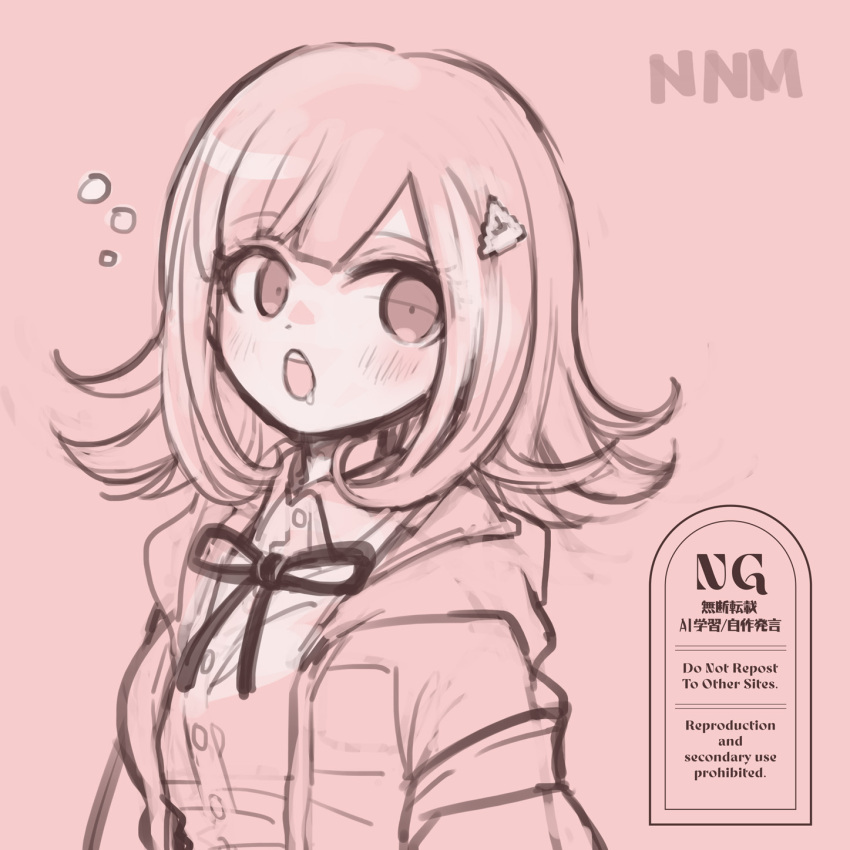1girl, :o, blush, breasts, collared_shirt, danganronpa_(series), danganronpa_2:_goodbye_despair, flipped_hair
