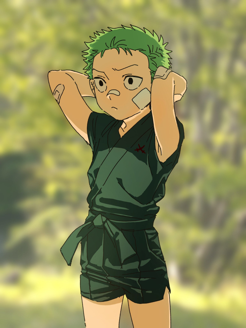 1boy, 53_(kanimisomrmr), aged_down, arms_up, bandaid, bandaid_on_arm, bandaid_on_face, bandaid_on_nose