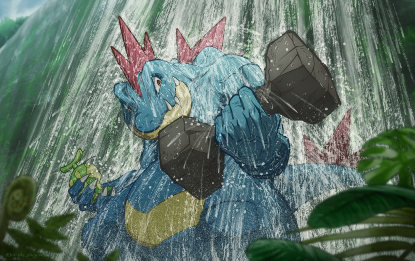 berry_(pokemon), closed_mouth, commentary_request, dumbbell, feraligatr, holding, holding_dumbbell, hondew_berry