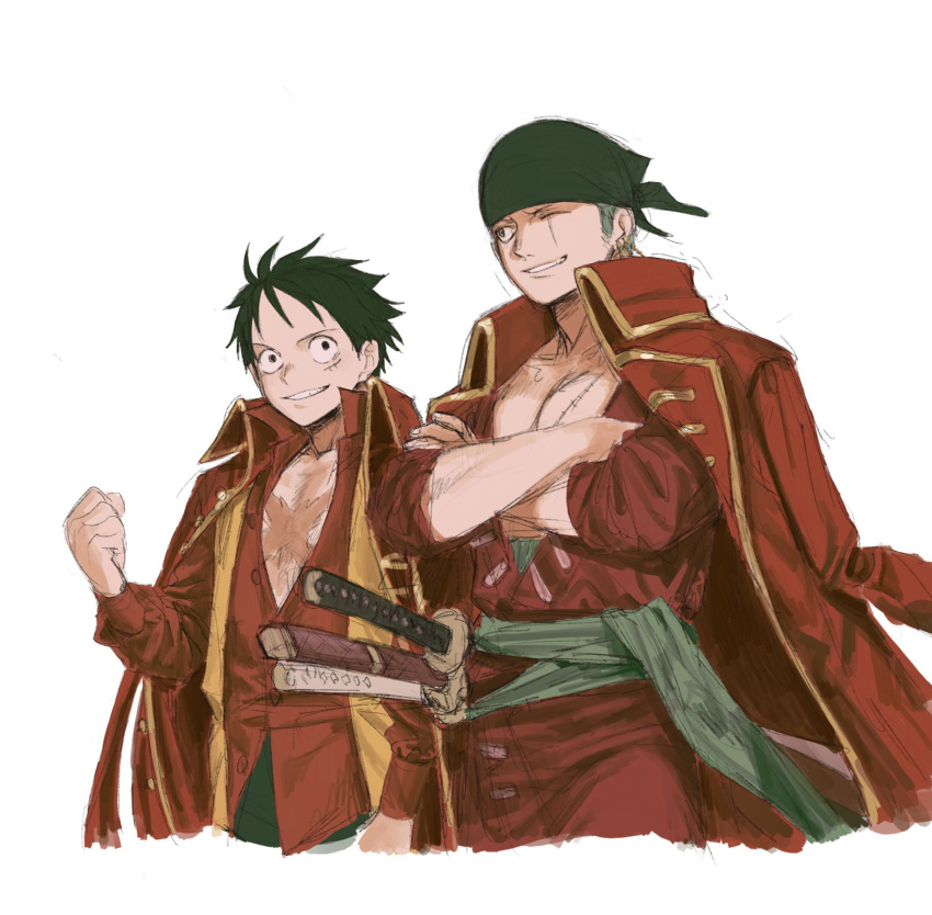 2boys, 53_(kanimisomrmr), black_hair, clenched_hand, crossed_arms, green_hair, grin, highres