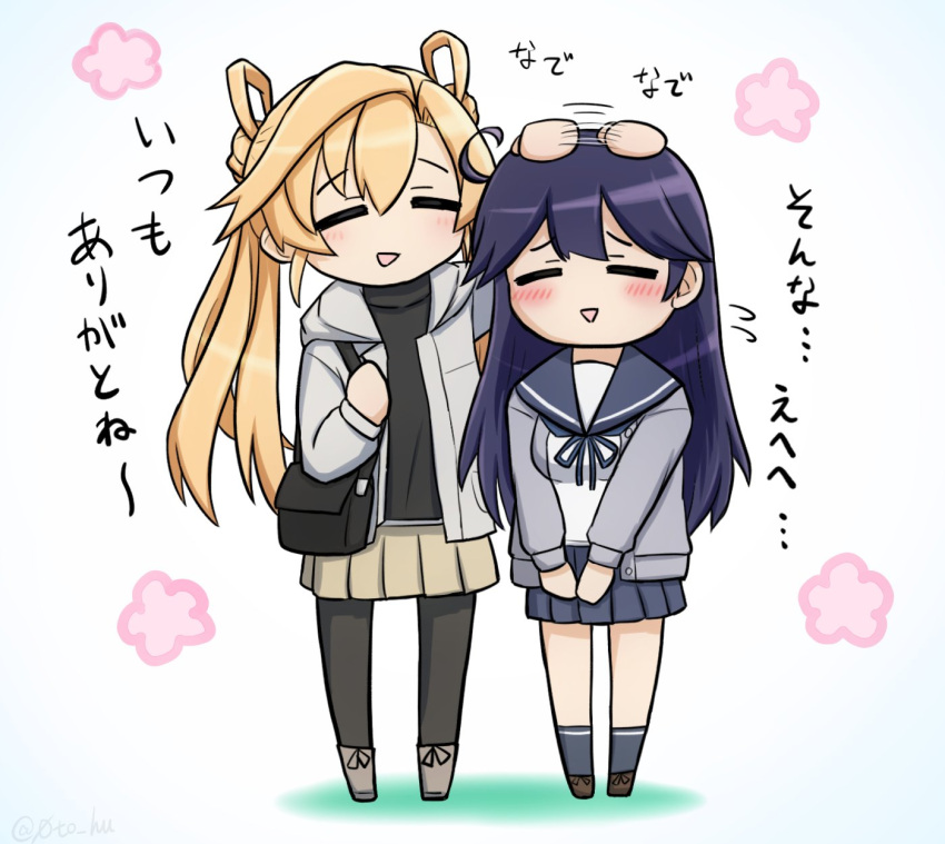 2girls, =_=, abukuma_(kancolle), abukuma_(lawson)_(kancolle), ahoge, black_hair, black_pantyhose, black_sweater, blonde_hair, blue_neckerchief, blue_sailor_collar, blue_skirt, boots, brown_skirt, cardigan, closed_eyes, commentary_request, double_bun, full_body, grey_boots, grey_jacket, hair_bun, hair_rings, highres, hood, hooded_jacket, hooded_sweater, jacket, kantai_collection, long_hair, multiple_girls, neckerchief, pantyhose, pleated_skirt, purple_cardigan, putting, sailor_collar, school_uniform, serafuku, skirt, smile, sweater, tofu_donburi, translation_request, ushio_(autumn_2015)_(kancolle), ushio_(kancolle)