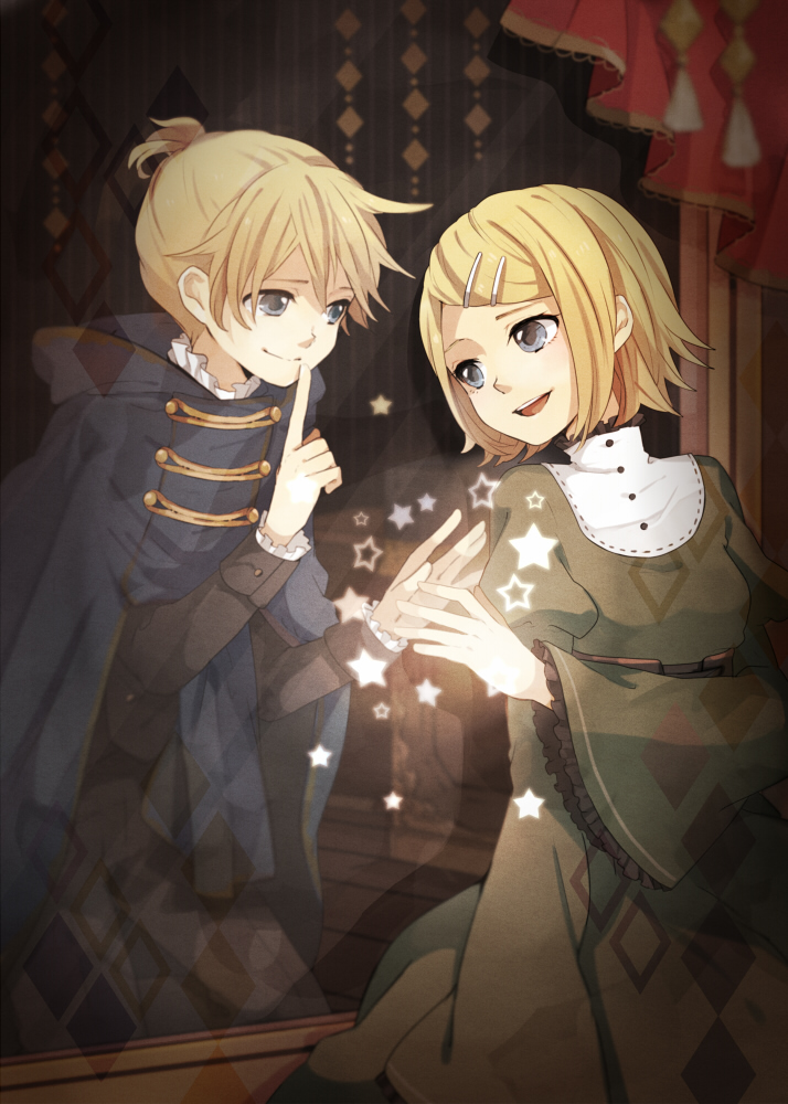 1boy, 1girl, alternate_costume, blue_eyes, boy, boy_and_girl, brother_and_sister, cape, cloak, curtain, dress, european_clothes, female, finger_on_lips, finger_to_mouth, girl, hair_ornament, hairclip, hairpin, hood, kagamine_len, kagamine_rin, male, pants, ponytail, retro_clothes, short_hair, short_ponytail, siblings, smile, star, tama_(songe), twins, vocaloid