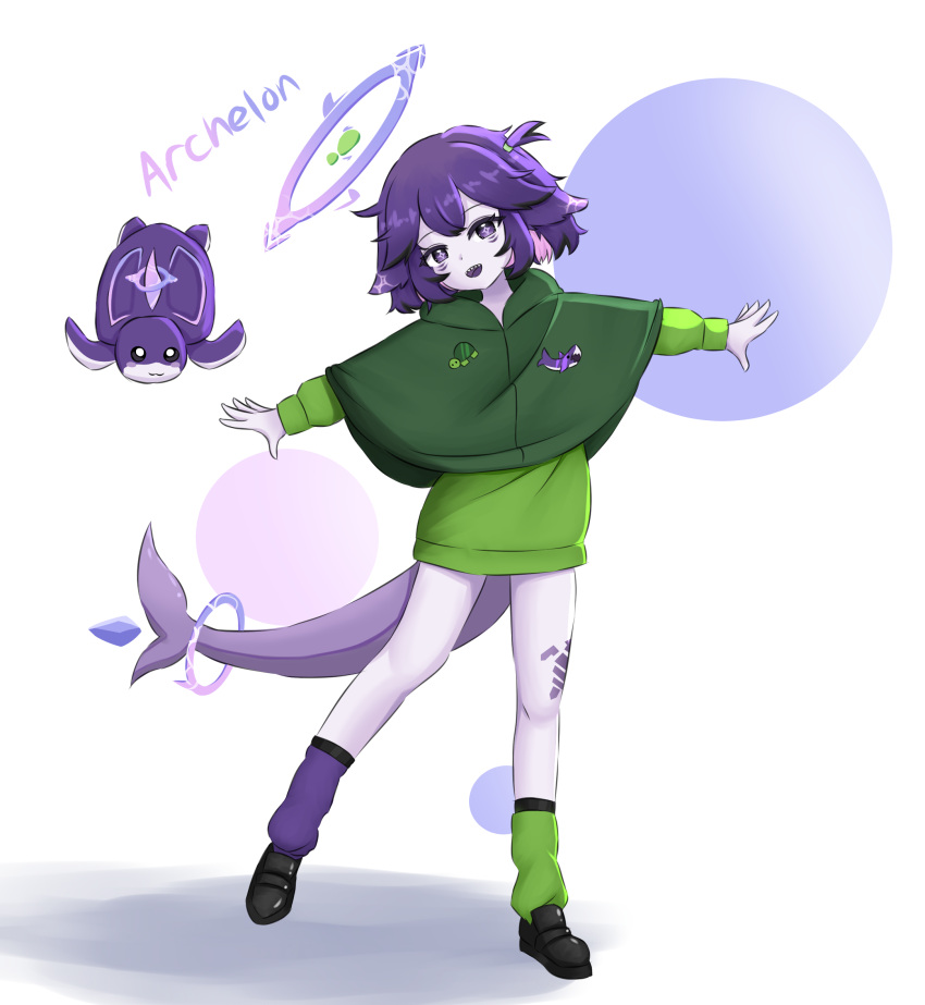 1girl, ander_man, black_shoes, borrowed_character, broken_halo, character_name, colored_skin, commentary