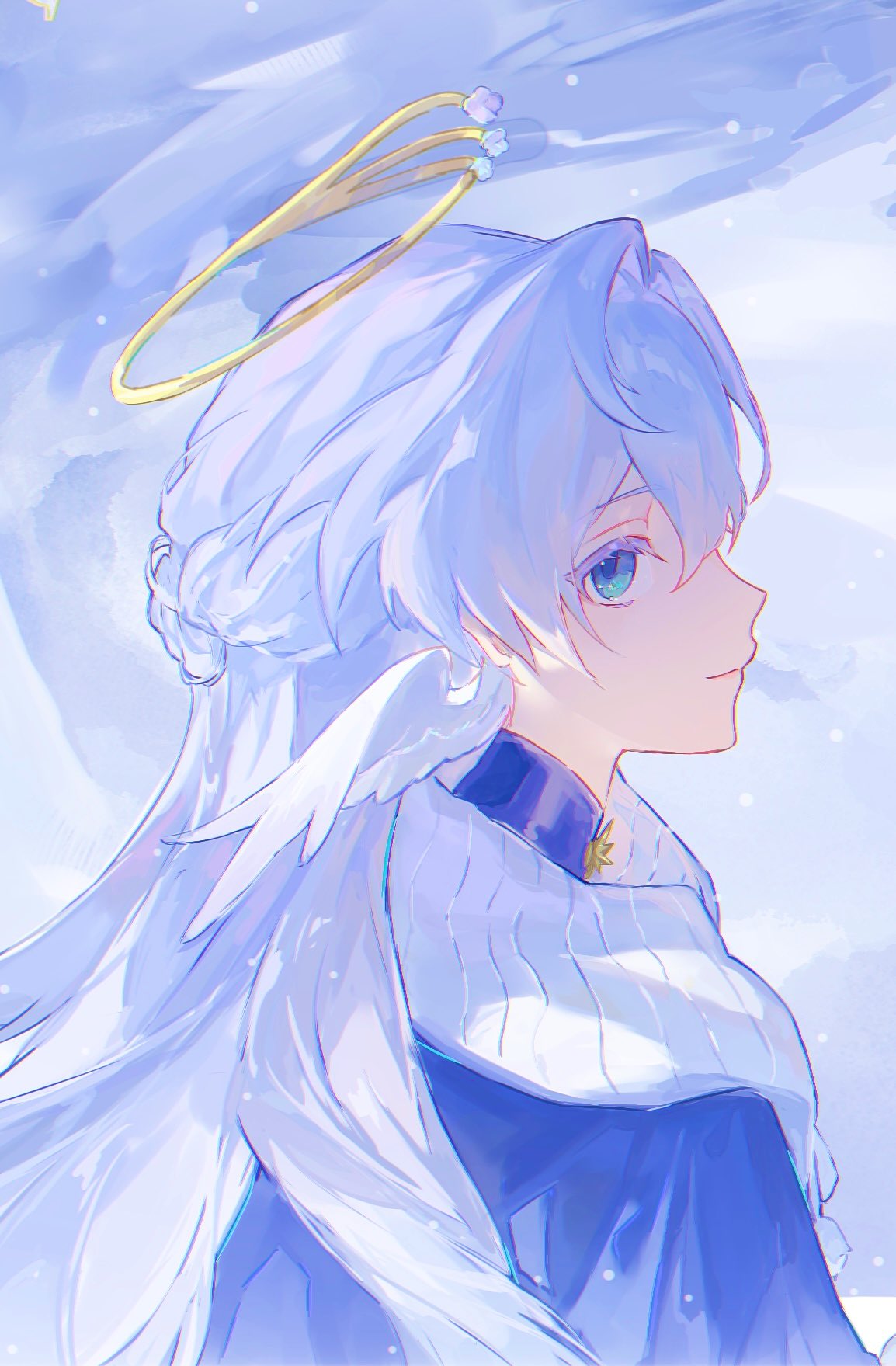 1girl, blue_coat, cloak, closed_mouth, coat, colored_eyebrows, colored_eyelashes, colorful_background