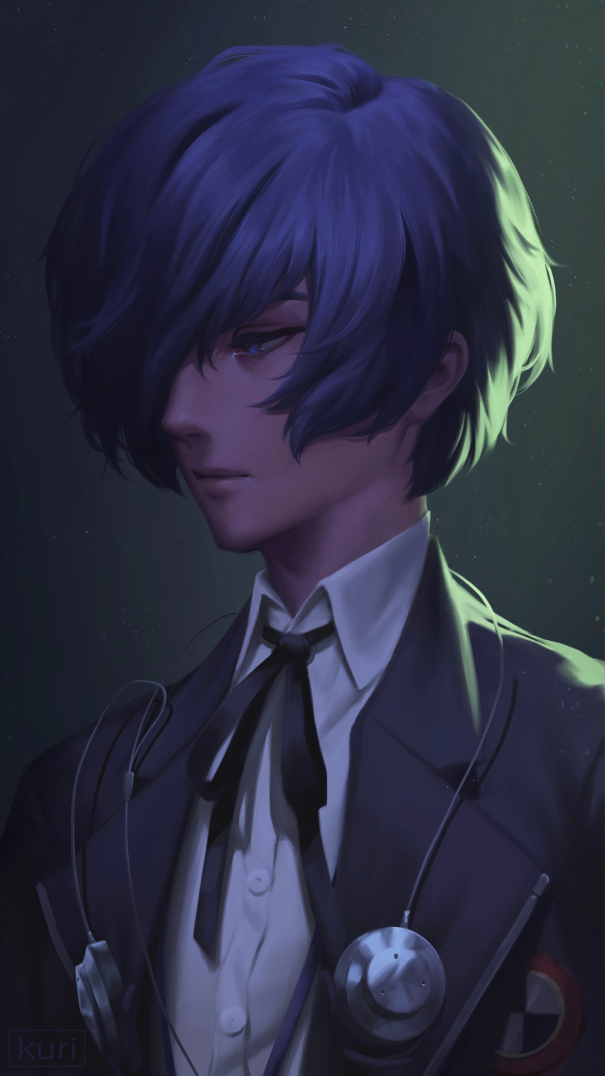 1boy, absurdres, black_jacket, black_ribbon, blue_eyes, blue_hair, closed_mouth, commentary
