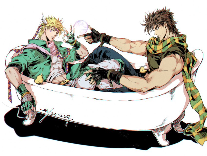 2boys, bathtub, battle_tendency, blonde_hair, blowing_bubbles, brown_hair, bubble, caesar_anthonio_zeppeli