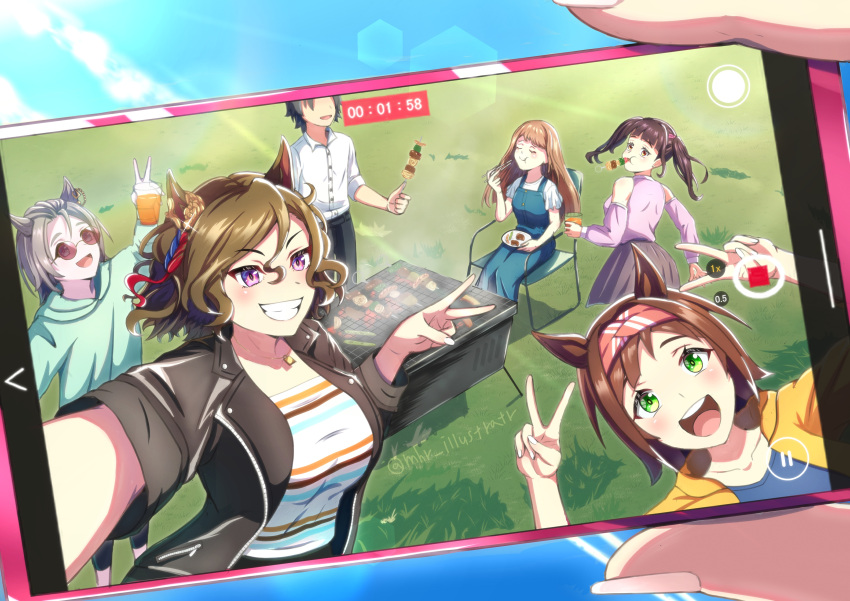 1boy, 5girls, :d, absurdres, animal_ears, black_jacket, breasts, brown_hair