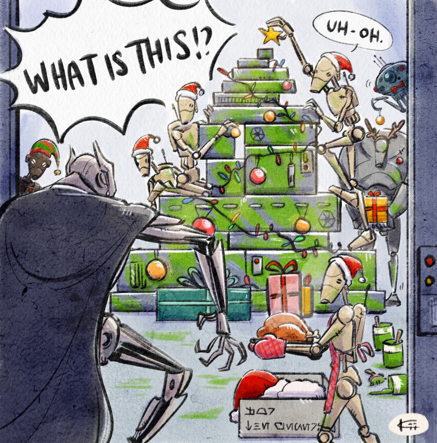 absurdres, aurebesh, b1_battle_droid, b2_battle_droid, bx-series_droid_commando, christmas, english_text, general_grievous
