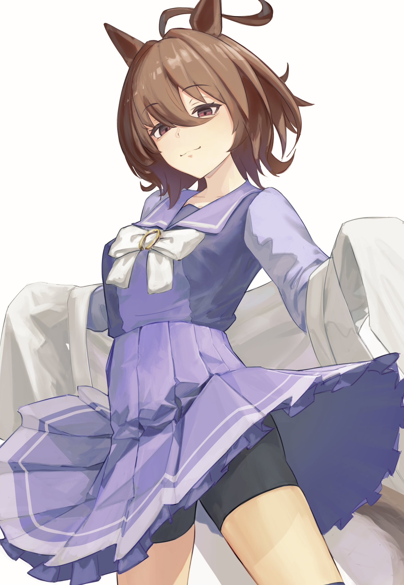 1girl, agnes_tachyon_(umamusume), ahoge, black_shorts, bow, brown_eyes, brown_hair, closed_mouth, clothes_lift, commentary_request, hair_between_eyes, highres, jacket, lab_coat, long_sleeves, o_ko_ge2024, open_clothes, open_jacket, purple_sailor_collar, purple_serafuku, purple_shirt, purple_skirt, sailor_collar, school_uniform, serafuku, shirt, short_hair, shorts, shorts_under_skirt, skirt, skirt_lift, sleeves_past_fingers, sleeves_past_wrists, solo, tracen_school_uniform, umamusume, white_bow