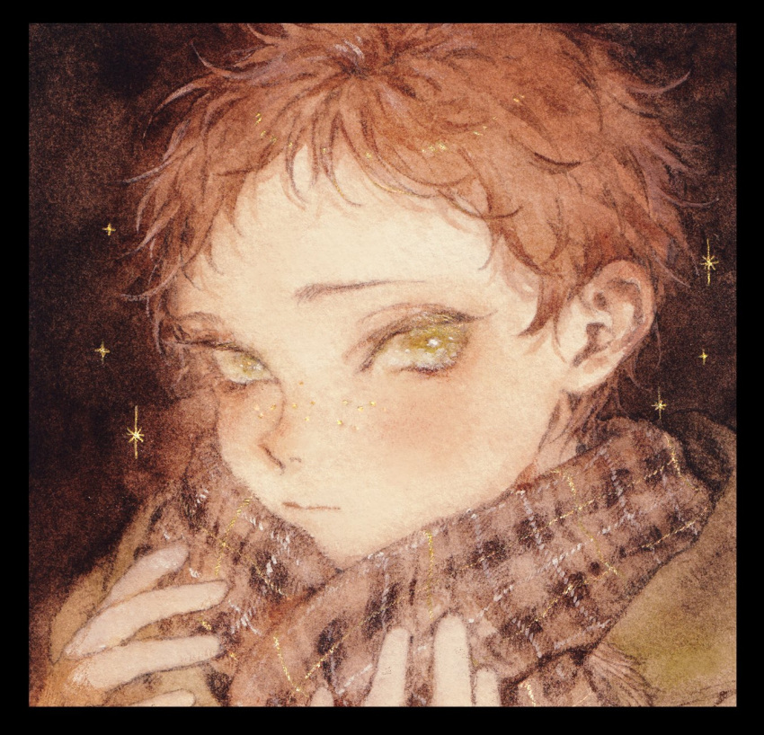 1boy, blush, green_eyes, highres, ignat_no_hanayome, looking_at_viewer, male_focus, mame_(mmgamegg), red_hair, rita_(ignat_no_hanayome), scarf, short_eyebrows, short_hair, sparkle