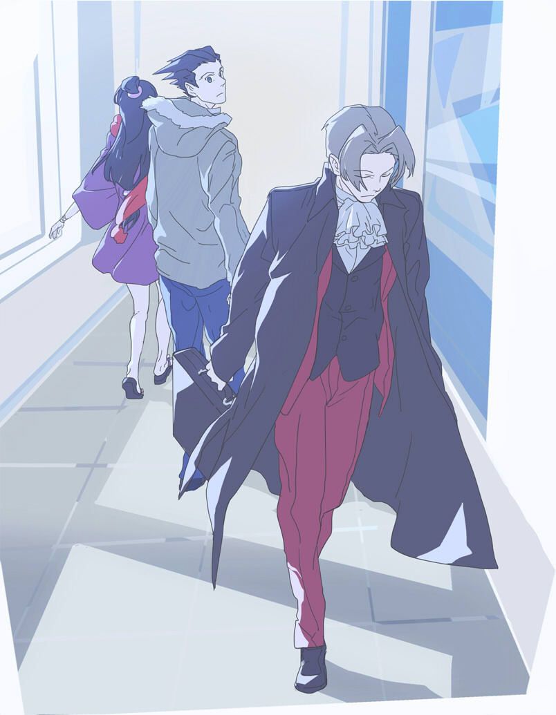 2boys, alternate_costume, ayasato_mayoi, black_hair, blue_eyes, bracelet, briefcase, closed_eyes, coat, cravat, formal, fur_trim, grey_hair, gyakuten_saiban, hair_intakes, hood, hood_down, hoodie, jacket, jeans, jewelry, kazune_(baumkuchen), long_hair, looking_back, mitsurugi_reiji, multiple_boys, naruhodou_ryuuichi, pants, sandals, short_hair, spiked_hair, suit, topknot, walking, wide_sleeves, window