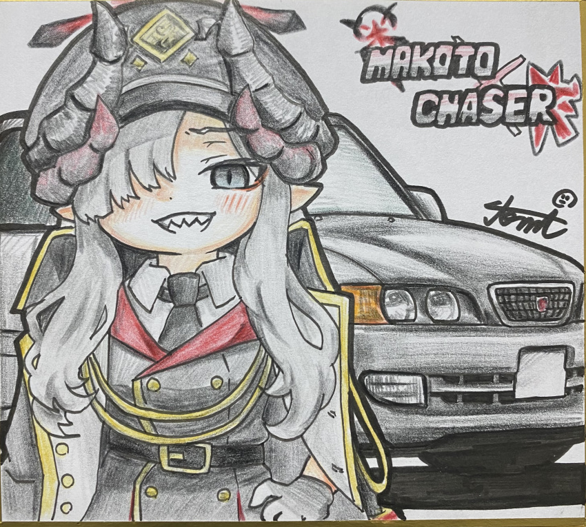 1girl, absurdres, belt, black_belt, black_car, black_coat, black_eyes, black_gloves