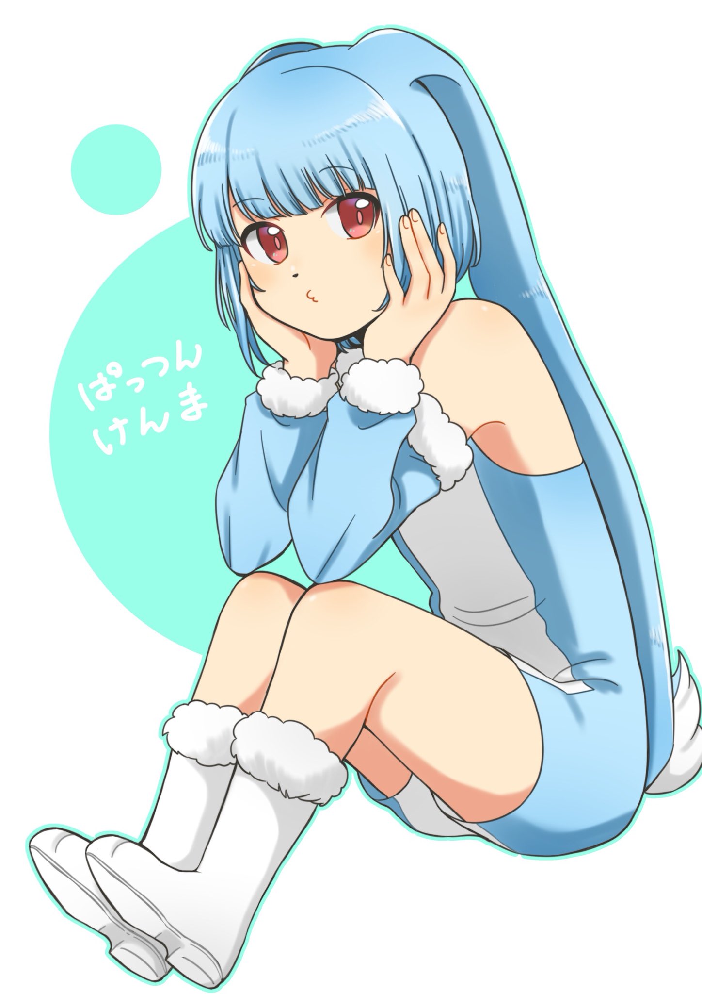 1boy, animal_ears, blue_hair, blue_leotard, blunt_bangs, boots, detached_sleeves, fingernails, fur-trimmed_sleeves, fur_trim, highres, karamorokoshi, kenma-kun, koushinism, leotard, looking_to_the_side, rabbit_boy, rabbit_ears, rabbit_tail, red_eyes, sleeveless, snout, tail, trap, white_boots