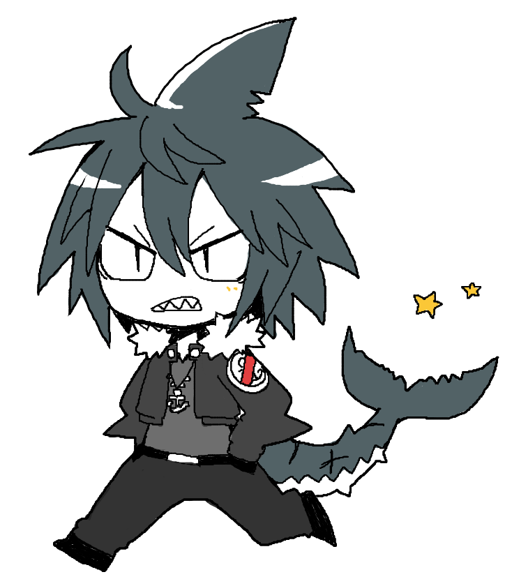 1boy, anchor_necklace, anchor_symbol, angry, black_jacket, black_pants, chibi, deformed, fins, fish_tail, full_body, funamusea, fur_collar, grey_hair, grey_shirt, hands_in_pockets, jacket, jewelry, looking_at_viewer, messy_hair, necklace, oounabara_to_wadanohara, pants, samekichi_(funamusea), scar, scar_on_tail, shark_boy, shark_fin, shark_tail, sharp_teeth, shirt, short_hair, simple_background, solo, star_(symbol), star_symbol_background, tail, teeth, usamasuku, walking, white_background