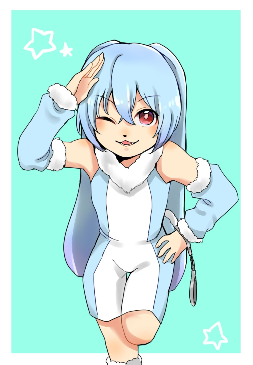 1boy, animal_ears, blue_hair, blue_leotard, boots, cuffs, detached_sleeves, fur-trimmed_sleeves