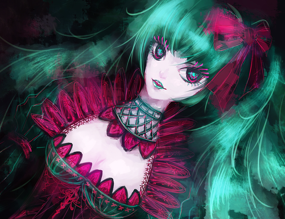 bad_id, bow, colored_eyelashes, dress, echoes_(artist), echoes_(cassandratree), green_lipstick, hair_bow