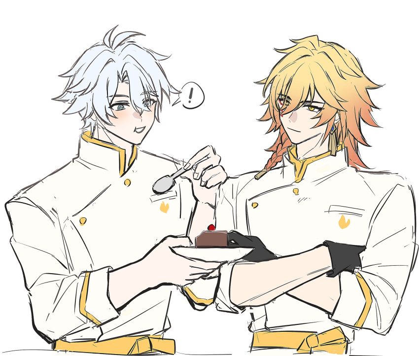 !, 2boys, antenna_hair, black_choker, blonde_hair, blue_eyes, braid, chef