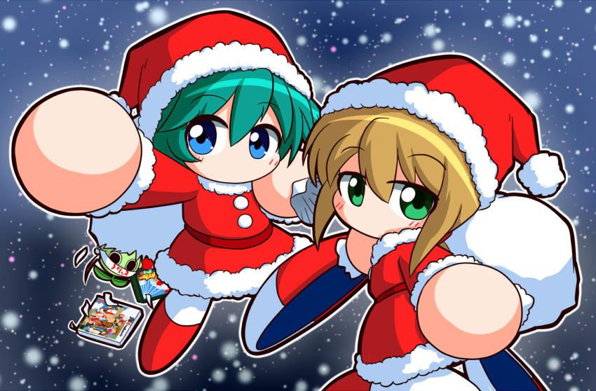 2girls, asouuuu, blonde_hair, blue_eyes, dress, fur-trimmed_dress, fur_trim, green_eyes