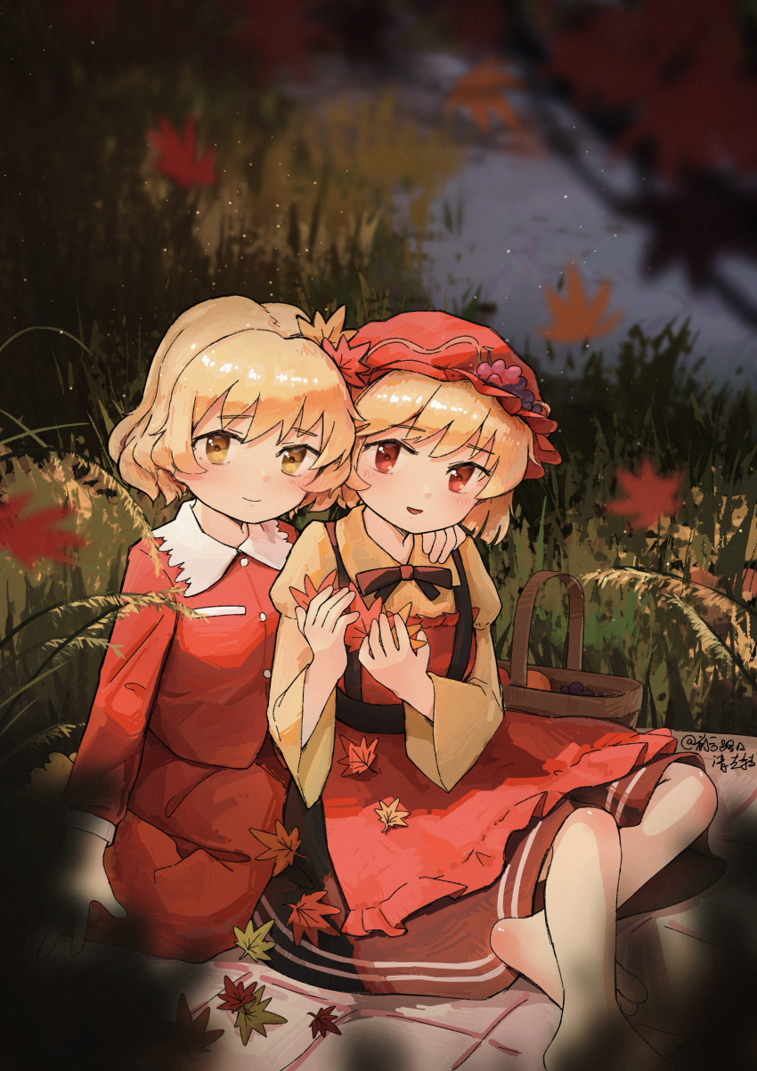 2girls, absurdres, aki_minoriko, aki_shizuha, apron, blonde_hair, buttons, closed_mouth