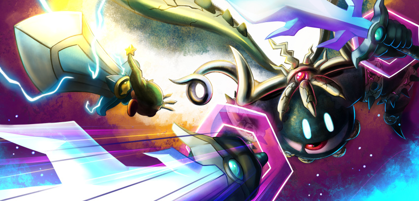 commentary_request, crack, crown, ddddndn, dual_wielding, duel, floating, green_hat