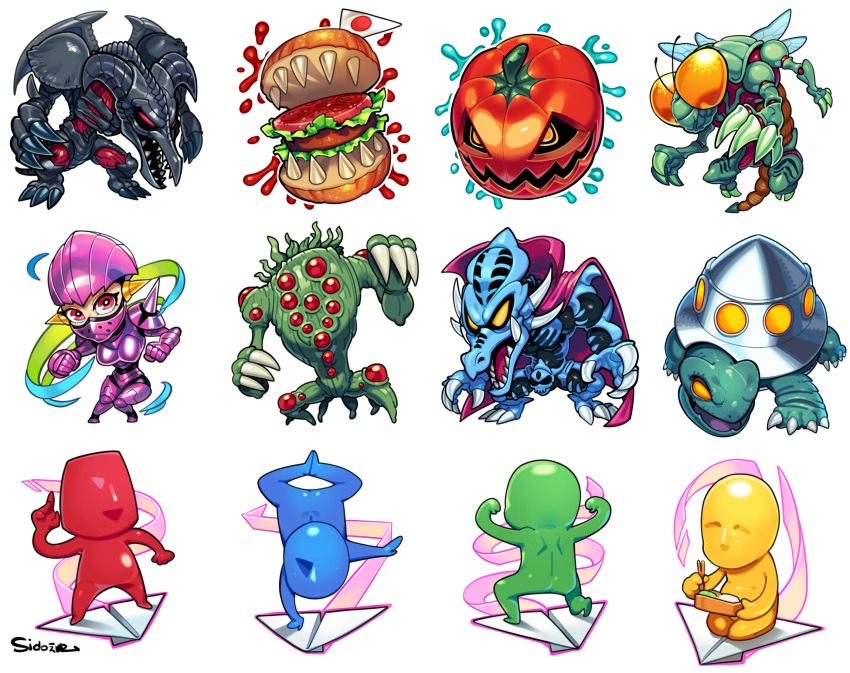 1girl, 4boys, aitsu_(parodius), bento, black_skull_dragon, bodysuit, burger, cape, chopsticks, claws, codpiece, colored_skin, commentary_request, compound_eyes, doitsu_(parodius), dragon, duel_monster, extra_eyes, flexing, flying_kamakiri_#1, food, food-themed_creature, full_body, green_skin, handstand, helmet, highres, holding, holding_bento, holding_chopsticks, hungry_burger, koitsu_(parodius), locust, male_focus, mini_flag, multiple_boys, mystic_tomato, no_humans, nostrils, one_arm_handstand, open_mouth, paper_airplane, parodius, pink_bodysuit, power_suit, red_cape, red_eyes, robolady, shadow_ghoul_(yu-gi-oh!), sharp_teeth, shell, sido_(slipknot), signature, simple_background, smile, soitsu_(parodius), solo, teeth, turtle, ufo_turtle, white_background, yellow_eyes, yu-gi-oh!, zera_the_mant