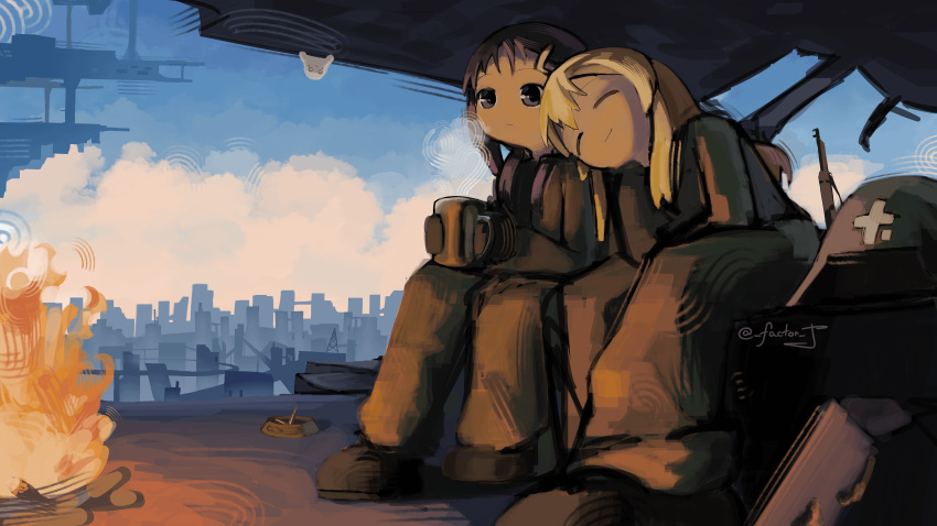2girls, absurdres, black_hair, blonde_hair, campfire, chito_(shoujo_shuumatsu_ryokou), city, combat_helmet