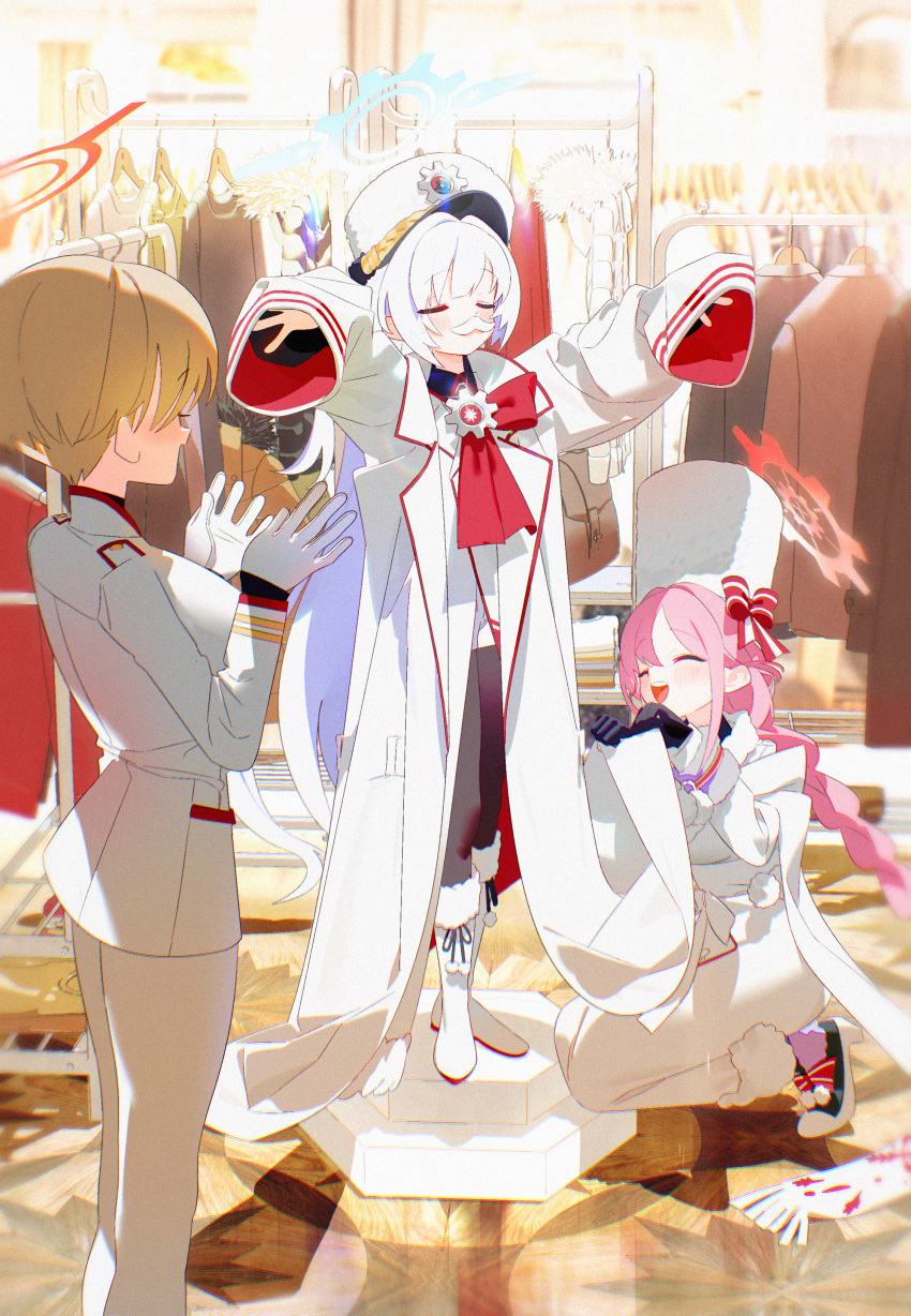 3girls, absurdres, arms_up, black_gloves, black_pants, blonde_hair, blue_archive, blue_halo