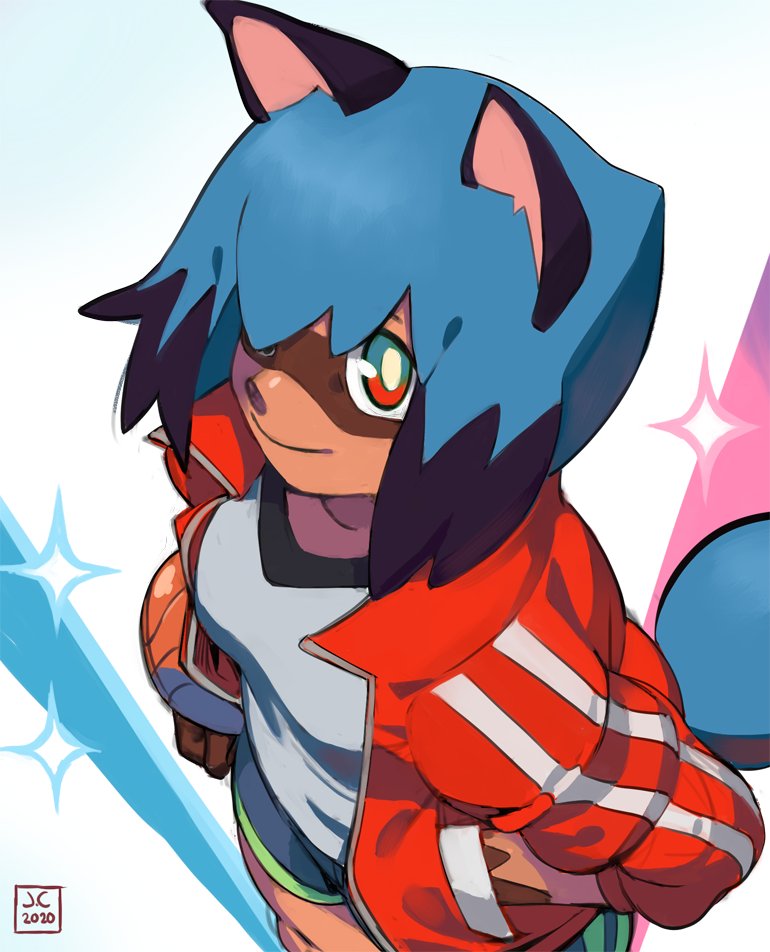 1girl, animal_ears, animal_nose, black_hair, blue_hair, body_fur, brand_new_animal, brown_fur