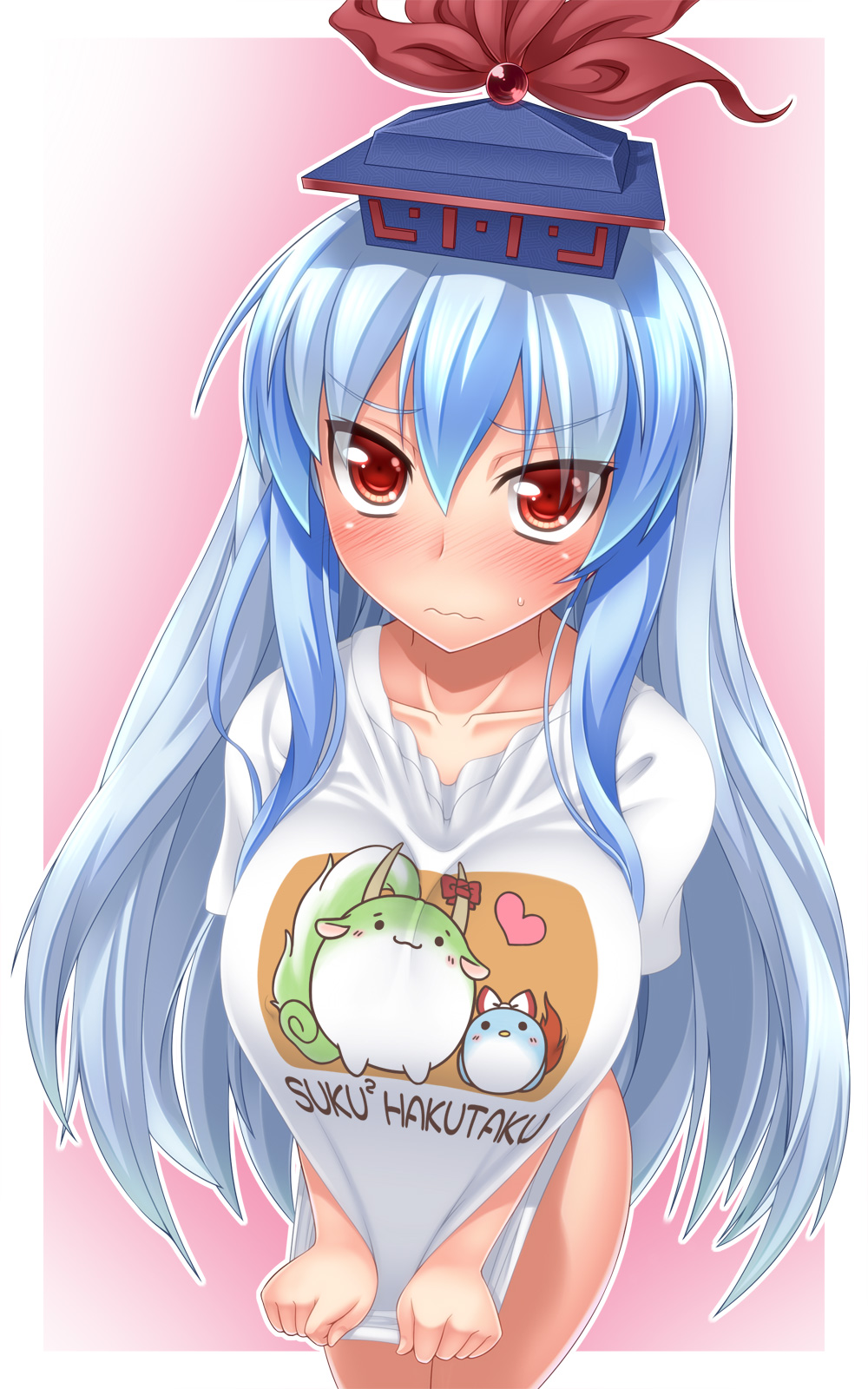 blue_hair, bottomless, breasts, clothes_writing, embarrassed, ex-keine, fujiwara_no_mokou, fujiwara_no_mokou_(phoenix), hat, highres, john_(nakoto), jon_(artist), kamishirasawa_keine, kamishirasawa_keine_(hakutaku), large_breasts, long_hair, naked_shirt, red_eyes, shirt_tug, solo, sukusuku_hakutaku, sweatdrop, taut_shirt, touhou, wavy_mouth