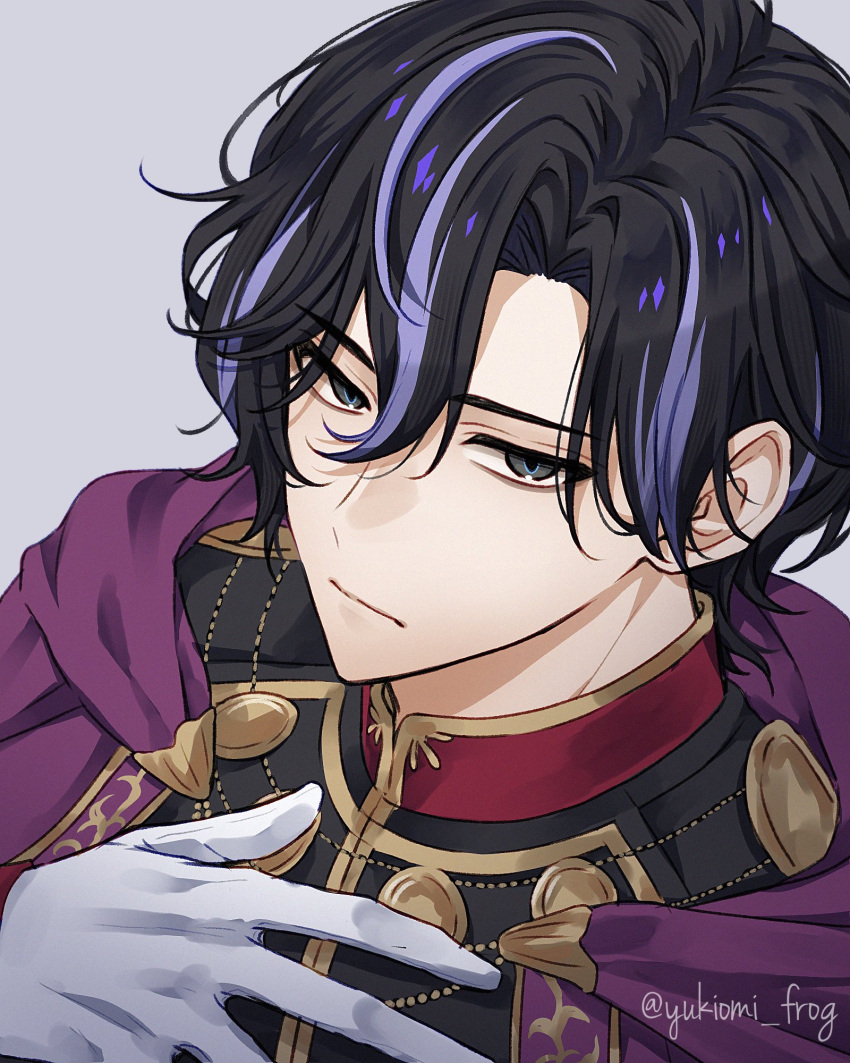 18trip, 1boy, black_hair, black_shirt, cape, closed_mouth, commentary, gloves, grey_eyes, hair_between_eyes, hand_on_own_chest, highres, kinugawa_kiroku, male_focus, multicolored_hair, portrait, purple_cape, purple_hair, shirt, short_hair, simple_background, solo, streaked_hair, symbol-only_commentary, twitter_username, two-tone_hair, white_background, white_gloves, yukiomi_frog