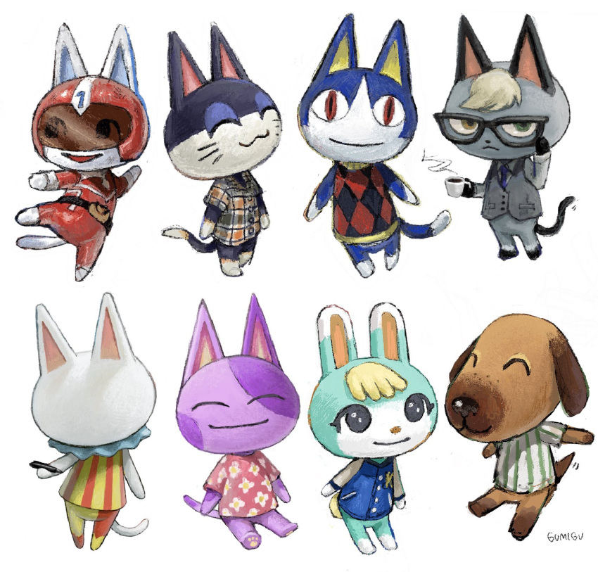 2girls, 6+boys, :3, ^_^, animal_crossing, argyle_clothes, argyle_sweater, arm_up