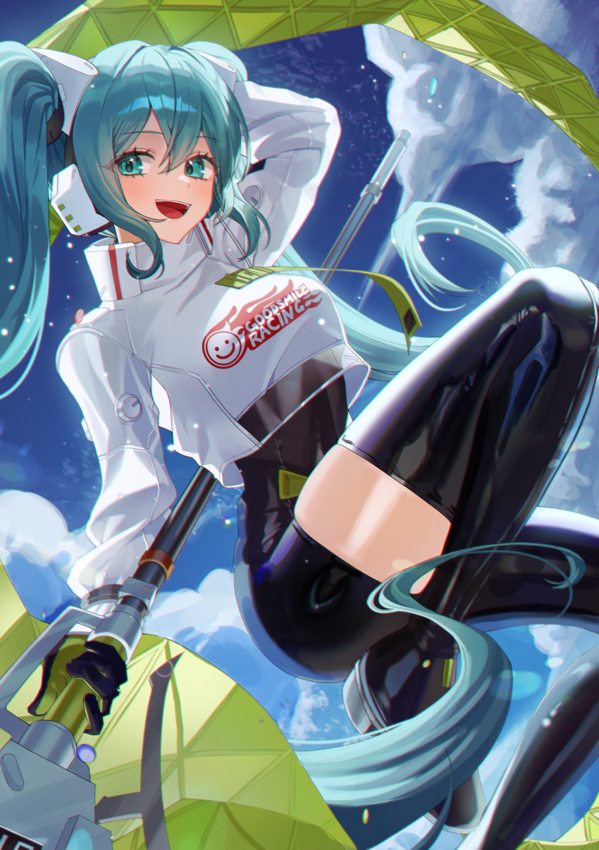 1girl, absurdres, aqua_eyes, aqua_hair, arm_up, asymmetrical_legwear, black_bodysuit, black_gloves
