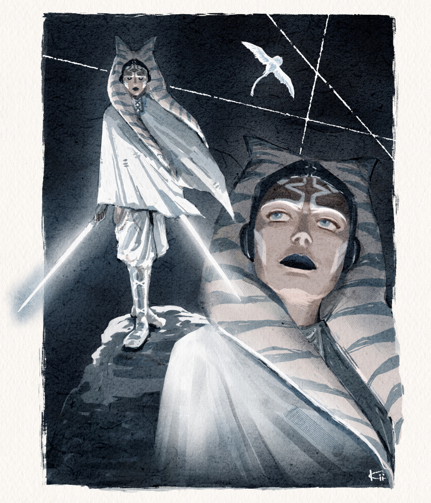 1girl, absurdres, ahsoka_tano, alien, arvala_7, commentary, dual_wielding, energy_sword