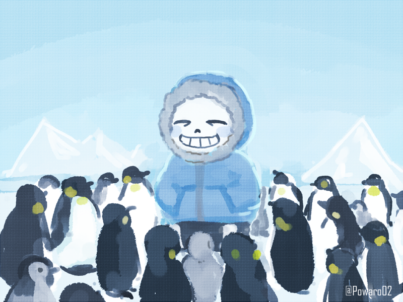 1boy, 2016, 2d, animal, artist_name, bird, black_shorts, blue_hood, blue_jacket, blush_stickers, closed_eyes, cute, digital_media, full_body, fur-trimmed_jacket, fur_trim, grey_fur, hands_in_pockets, hollow_eyes, hood, hood_up, hooded_jacket, humanoid, jacket, male, male_focus, male_only, monster, monster_boy, no_lineart, outdoors, penguin, powaro02, sans_(undertale), shorts, single_vertical_stripe, skeleton, smile, standing, striped_shorts, teeth, too_many, too_many_birds, twitter_username, undead, undertale, utdr_(toby_fox), vertical-striped_clothes, vertical-striped_shorts, white_stripes